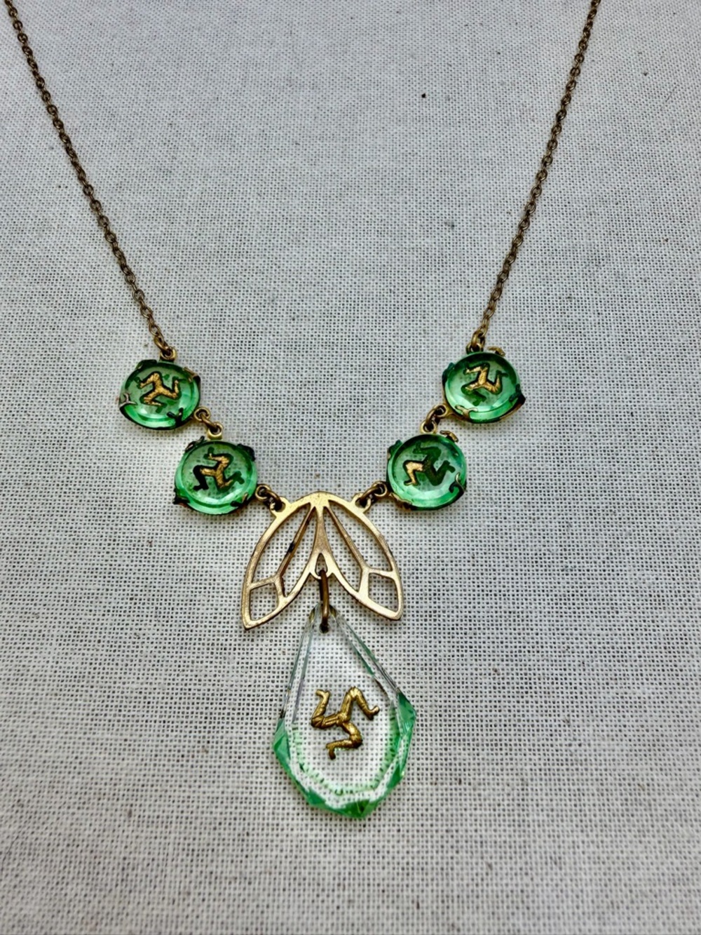 Antique Triskelion Isle of Man Czech Glass Intaglio Necklace #9UN